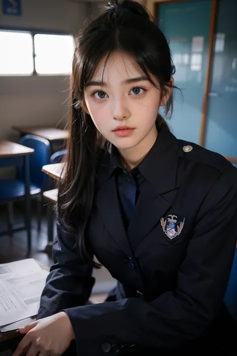 1 girl, middle school, in front of class, Pony tail, black hair, blue light eyes, 16y.o, preety, wears uniform, two bangs,  high nose