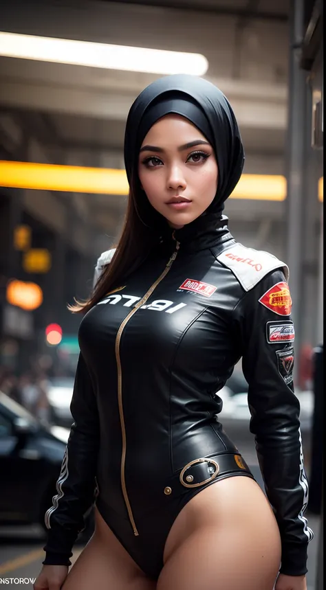 Produce a visually striking 8K AI-generated image of a Malay hijab girl drag racer in his 20s within a steampunk-inspired world. Use photorealism to bring out the racers personality and determination, while also infusing the image with the intricate and im...