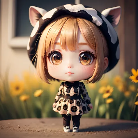 ​masterpiece、top-quality、ultra-detailliert、(Chibi Chara:1.2)、独奏、Black Bob、Leopard print beret、Zebra Print Dress、Cow print tights、Dot Pattern Shoes、Monet Flowers Wallpaper