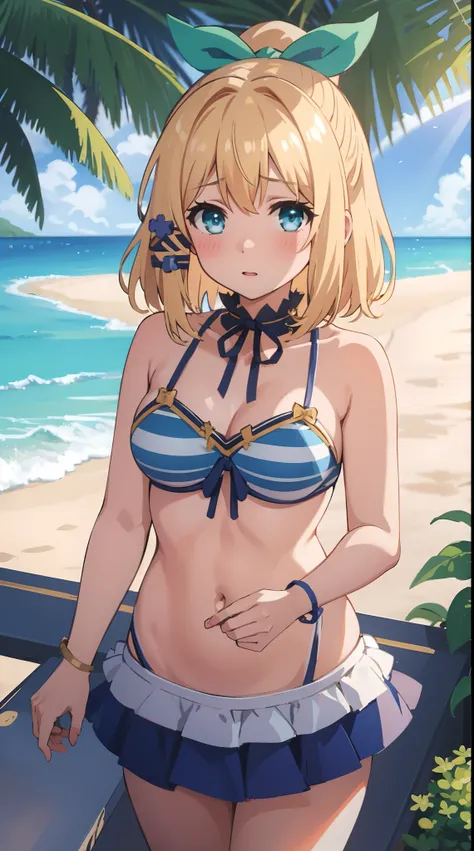 best quality, (masterpiece:1.2), detailed, medieval,
Rumia Tingel,
1girl, solo, blush,
medium hair, blonde hair, short ponytail, blue eyes, green bow, x hair ornament,
blue bikini, striped bikini,
standing, looking at the viewer,
beach, light rays, sun, cl...