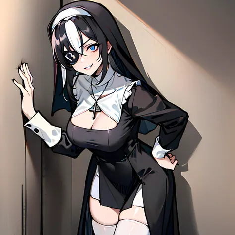 (absurdres, 8k, 4k, masterpiece, hyper extreme detailed:1.2), best quality, expressive eyes, highres, perfect eyes, 1girl, perfect face, perfect hands, Long Hair, Black hair, braided buns, buns in hair, large bust, crazy face, crazy eyes, crazy smile, eyep...