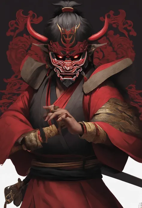 Un primer plano de un personaje de dibujos animados con cara de demElloso, Samurai demElloso, villain wearing a red oni mask, Guerrero Samurai DemElloso, Samurai with demElloso mask, los cuernos, Chico guapo en el arte de Demon Slayer, neon samurai, Handso...