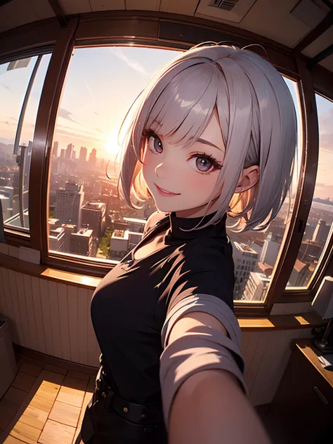 1girl, fisheye, selfie, wind, beauty eyes, sharp eyes. Her Asymmetric Pixie hairstyle, silver hair, short hair, and left-facing bangs with red highlights make her stand out, sunset, cityscape, (aesthetics and atmosphere:1.2),smiling