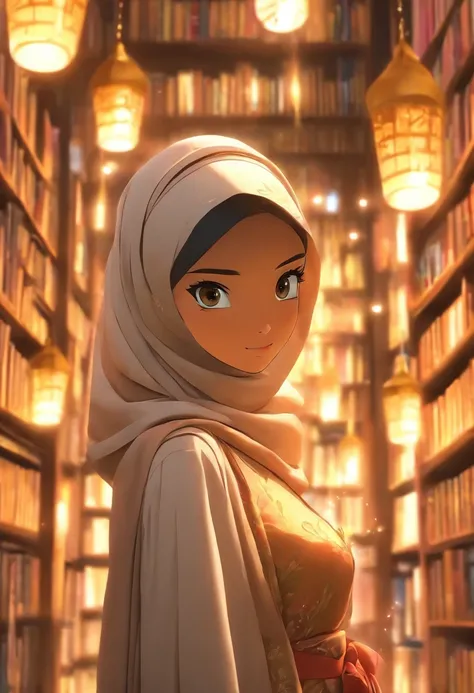 Produce an exceptionally detailed and lifelike scene portraying a young Malay girl, elegantly adorned in a hijab, immersed in a library. Her expression should reflect sheer surprise as magical fairies burst forth from the book shes reading. Strive for impe...