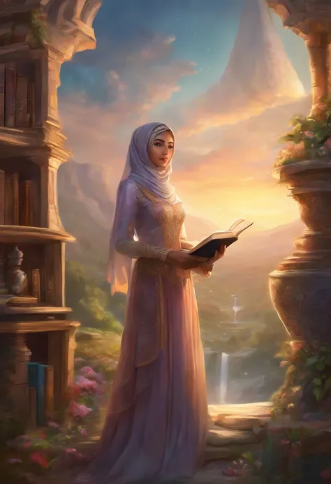 Produce an exceptionally detailed and lifelike scene portraying a young Malay girl, elegantly adorned in a hijab, immersed in a library. Her expression should reflect sheer surprise as magical fairies burst forth from the book shes reading. Strive for impe...