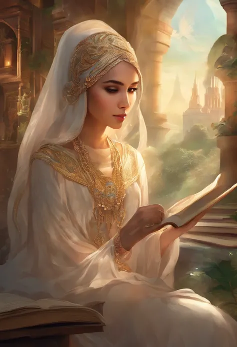 Produce an exceptionally detailed and lifelike scene portraying a young Malay girl, elegantly adorned in a hijab, immersed in a library. Her expression should reflect sheer surprise as magical fairies burst forth from the book shes reading. Strive for impe...