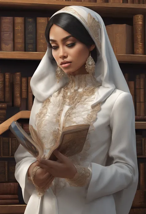 Produce an exceptionally detailed and lifelike scene portraying a young Malay girl, elegantly adorned in a hijab, immersed in a library. Her expression should reflect sheer surprise as magical fairies burst forth from the book shes reading. Strive for impe...