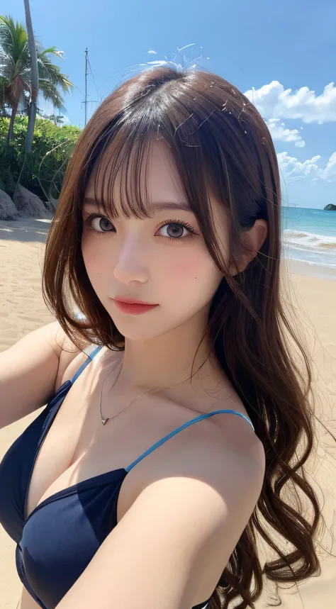 masutepiece, Best Quality, Illustration, Ultra-detailed, finely detail, hight resolution, 8K Wallpaper, Perfect dynamic composition, Beautiful detailed eyes, Swimsuit, Natural Color Lip,Beach, Random and cute poses, selfie photo