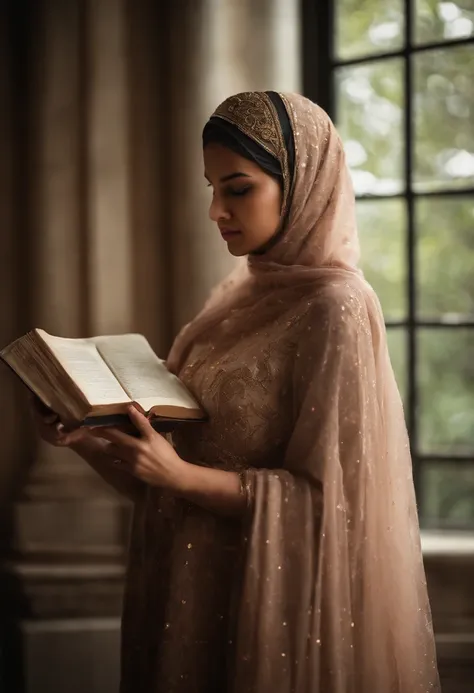 Produce an exceptionally detailed and lifelike scene portraying a young Malay girl, elegantly adorned in a hijab, immersed in a library. Her expression should reflect sheer surprise as magical fairies burst forth from the book shes reading. Strive for impe...