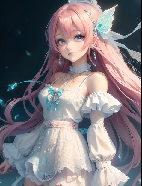 A Background of Pink rose garden and lake)) Beautiful chrono princess, in (( romantic settig)) wearing dark-blue crystal earrings, Pink coily hair, diamond mesh leotard covered in rose crystal tranparent tight body, gold waist chauns anddark-blye kneehigh ...