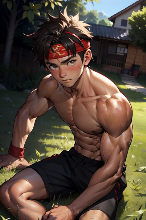 (Masterpiece, Best quality 12 year old boy，Shota), 1boys, (((Young,Shota))),Muscular, Short hair, with brown eye, Intricate, Grass, full bodyesbian, Shirtless, Muscles sparkle in the sun,Naked boy,((toddlers))，Black underwear,  Red headband, Vivid colors,(...