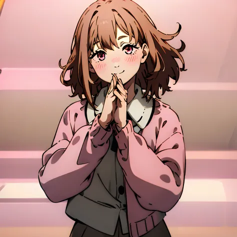 Short brown hair, messy hair, cute outfit, brown cardigan, long sleeves covering hands, button up white undershirt, grayish pink skirt, smile, cute, non-binary, kawaii, light pink eyes, eyelashes, blush, smile