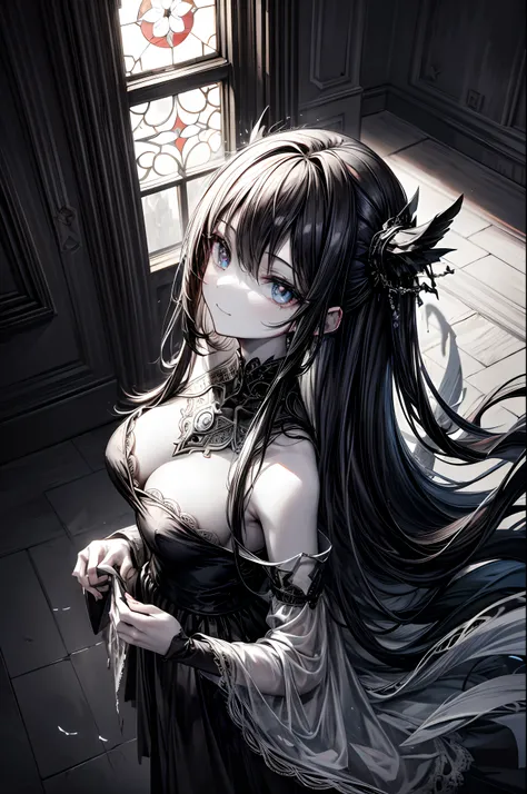 1 girl, mysterious expression, piercing eyes, long flowing black hair, gothic attire, enigmatic smile, pale complexion, elegant features
BREAK
dramatic high-angle shot, (birds-eye view:1.2), symmetrical composition, stark monochrome, deep shadows, subtle h...