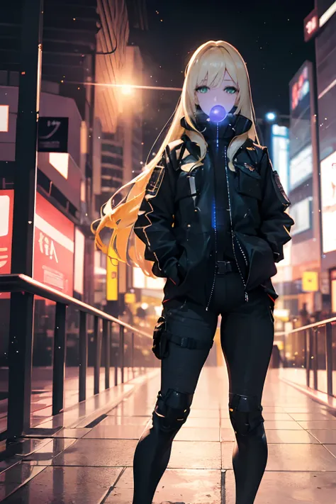 a girl blowing a big bubblegum with both of her hand in her pocket , (hands in pocket:1.4), (big bubblegum:1.4), (Shibuya:1.4), (night lights:1.4), (Thick Body:1.4), (Long Blond Hair:1.4), Green Eyes, HDR (High Dynamic Range), Ray Tracing, NVIDIA RTX, Supe...