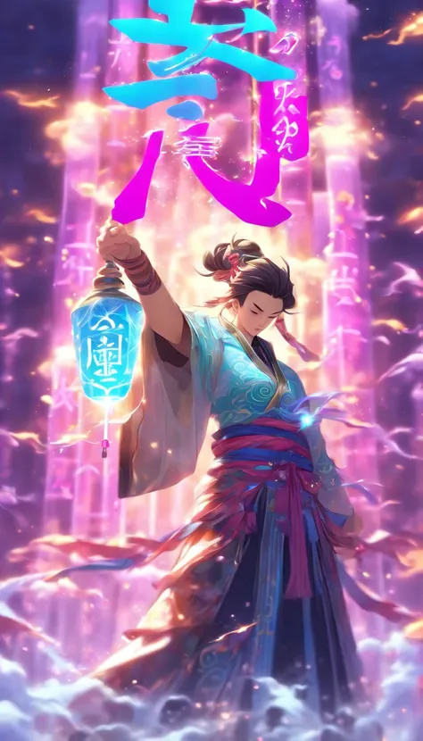 1boys,Solo，Young scholars of ancient China，(Hold the transparent illuminated scroll:1.5)，(Transparent glowing kanji hovering in midair:2)，（Transparent kanji background：1.5），Vertical text，glittery，Scholar in blue robes，Long flowing hair flutters in the wind...