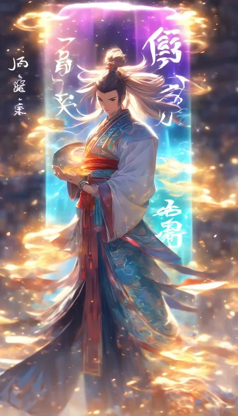 1boys,Solo，Young scholars of ancient China，(Hold the transparent illuminated scroll:1.5)，(Transparent glowing kanji hovering in midair:2)，（Transparent kanji background：1.5），Vertical text，glittery，Scholar in blue robes，Long flowing hair flutters in the wind...