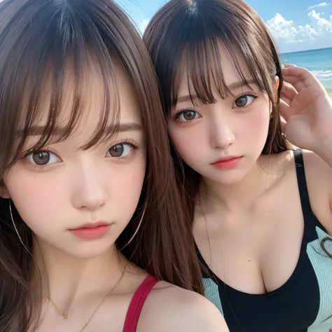 2 girls, 17yo,masutepiece, Best Quality, Illustration, Ultra-detailed, finely detail, hight resolution, 8K Wallpaper, Perfect dynamic composition, Beautiful detailed eyes,  Natural Color Lip,Beach, Random and cute poses, selfie photo