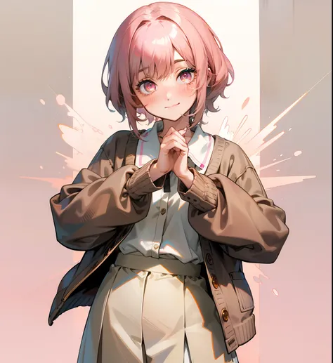 Short brown hair, messy hair, cute outfit, brown cardigan, long sleeves covering hands, button up white undershirt, grayish pink skirt, smile, cute, non-binary, kawaii, light pink eyes, eyelashes, blush, smile