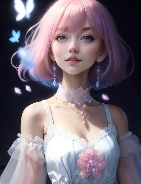 A Background of Pink rose garden and lake)) Beautiful chrono princess, in (( romantic settig)) wearing dark-blue crystal earrings, Pink coily hair, diamond mesh leotard covered in rose crystal tranparent tight body, gold waist chauns anddark-blye kneehigh ...