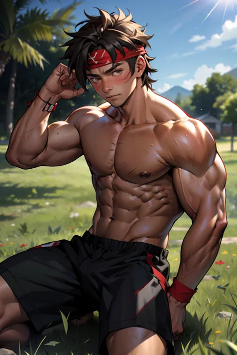 (Masterpiece, Best quality 12 year old boy，Shota), 1boys, (((Young,Shota))),Muscular, Short hair, with brown eye, Intricate, Grass, full bodyesbian, Shirtless, Muscles sparkle in the sun,Naked boy,((toddlers))，Black underwear,  Red headband, Vivid colors,(...