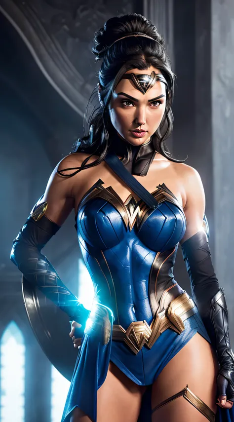 actess ((gal gadot)) as kitana from mortal kombat, in the temple, wields fans, blue-and-black revealing bodysuit, blue stockings...