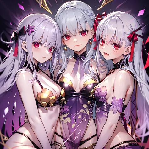 （（​masterpiece）），（（hightquality）），（（（hight resolution））），（（（（（Girl with red ribbon and purplish-silver hair））））），（（（（Harem of a large group of girls with purplish-silver hair wearing red ribbon）））），（（（（Girl with purplish silver hair on red ribbon backgroun...