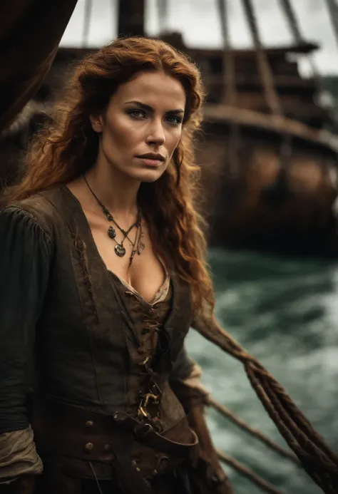 dramatic lighting, highest quality, Cinematic film still, (attractive Anne Bonny, wearing dirty tattered pirate attire, standing on the deck of pirate ship docked at Caribbean port), grimy, dark atmosphere, toned body, (ripped clothing:0.8), perfect face, ...