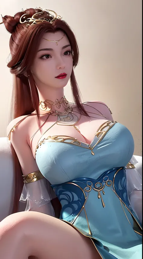 1 beautiful and sexy 20 year old girl, ((wear Blue antique nightgown is super invisible and sexy:1.6)), not wearing pants, sexy hanfu style, waist-length brown hair, jewelry elaborately made from precious stones and beautiful hair, ((wearing a 24k gold lac...