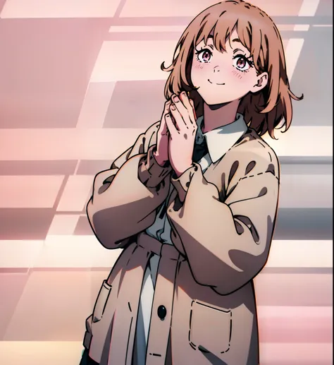 Short brown hair, messy hair, cute outfit, brown cardigan, long sleeves covering hands, button up white undershirt, grayish pink skirt, smile, cute, non-binary, kawaii, light pink eyes, eyelashes, blush, smile, one person