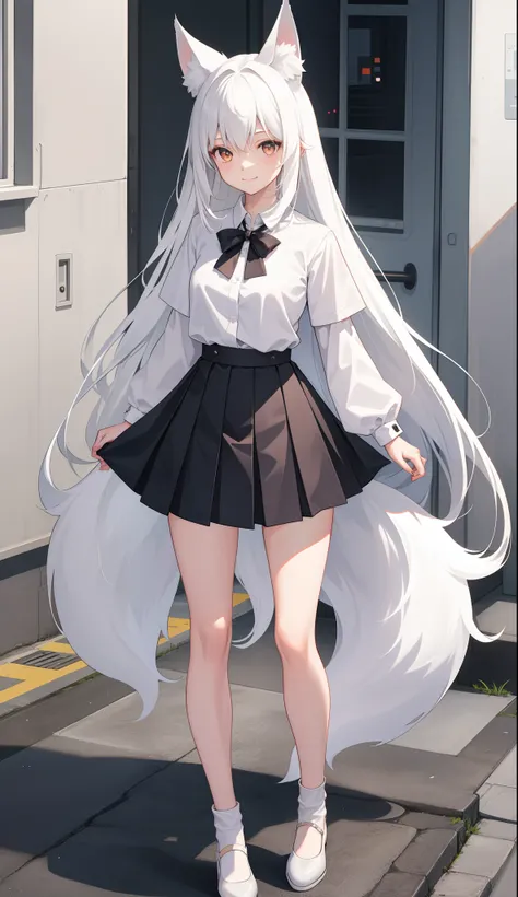 1girl in、A smile、The shirt、skirt by the、white  hair、Fox ears、（small tits）、Walking with a thigh、Upper body portrait、