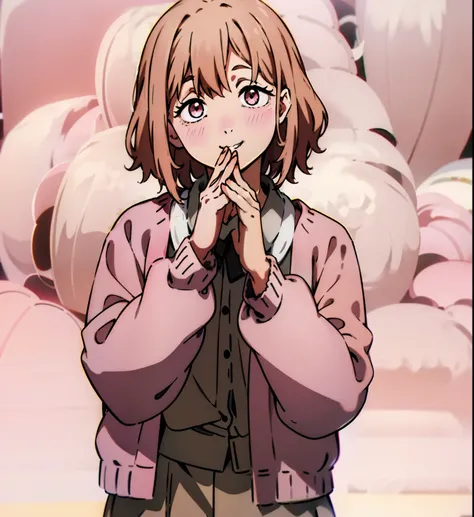 Short brown hair, messy hair, cute outfit, brown cardigan, long sleeves covering hands, button up white undershirt, grayish pink skirt, smile, cute, non-binary, kawaii, light pink eyes, eyelashes, blush, smile, one person