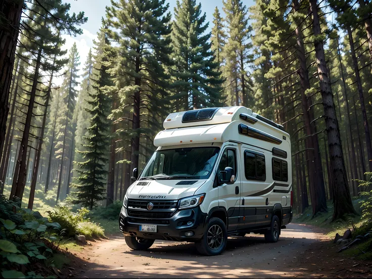 (masterpiece, best quality), best resolution, motorhome parked in a forest clearing, forest, trees, mounts, adventure