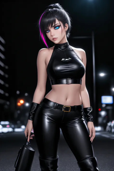 beautiful girl, full body, short bright neon streaked dishevelled hair, ((large light realistic detailed eyes:1.3)), ((seductive pose:1.2)), black eyeshadow, (street style wear:1.2), ((tight fitted pants)), ((knee high leather boots)), (dark city night bla...