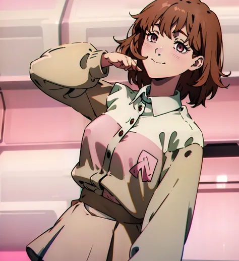 Short brown hair, messy hair, brown hair, cute outfit, brown cardigan, long sleeves, button up white undershirt, grayish pink skirt, smile, cute, non-binary, kawaii, light pink eyes, eyelashes, blush, smile, one person