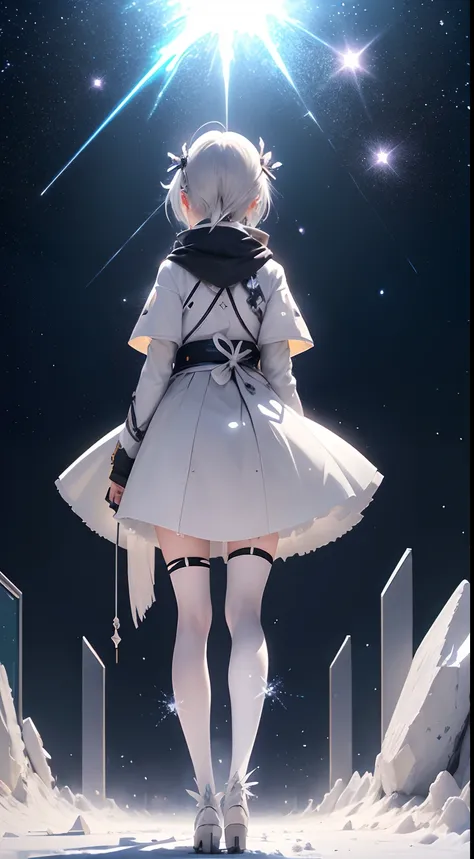 Japanese anime, girl, Alone, silver white hair, white glass debris, Crystallization, nigh sky, winter night, Starry sky, Crossroads of Shooting Stars, Solo, Silence, rendered, Best Quality, masutepiece, Full body, Particle Light Effect, rendered