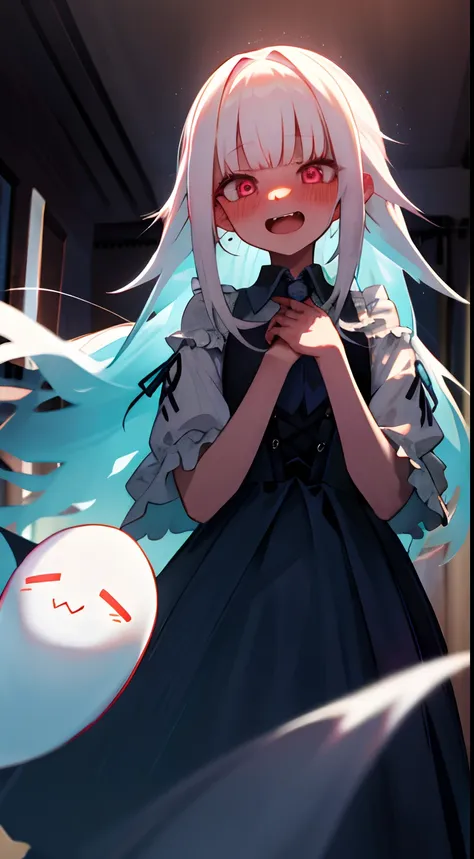 One girl with long hair, white hair, looking at viewer, cowboy shot, center, embarrassed, blushing, indoor, night , ghost, ghost dress, vampire teeth, big fangs, open mouth, ghost around , dark atmosphere