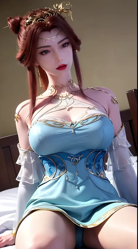 1 beautiful and sexy 20 year old girl, ((wear Blue antique nightgown is super invisible and sexy:1.6)), not wearing pants, sexy hanfu style, waist-length brown hair, jewelry elaborately made from precious stones and beautiful hair, ((wearing a 24k gold lac...