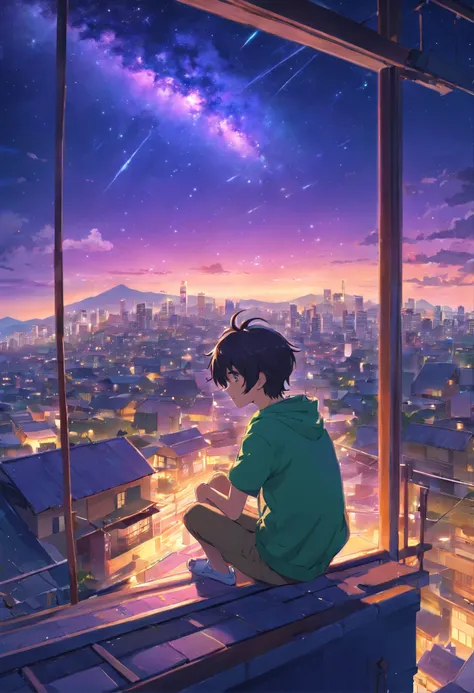 Genrate a masterpiece imagine City landscape below, above dark night sky, [purple, green, blue, pink combined coloured comite falling.] Falling stars, milky way galaxy, a 17 year old boy, black hair, blue shiny eyes, white skin, sitting on his house roof o...