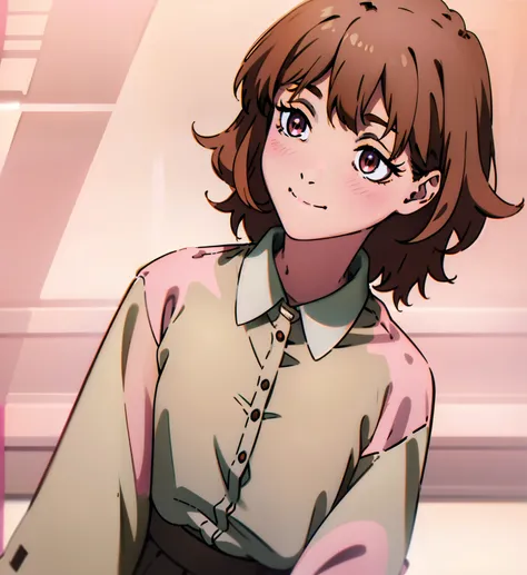 Short brown hair, messy hair, brown hair, cute outfit, brown cardigan, long sleeves, button up white undershirt, grayish pink skirt, smile, cute, non-binary, kawaii, light pink eyes, eyelashes, blush, smile, one person