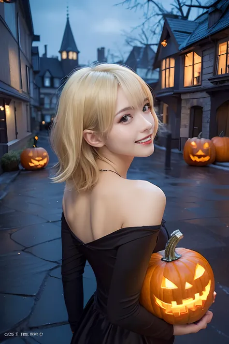 (Oil Painting, masutepiece, Best Quality, ultra-detailliert, Focus on character), short blonde hair, ([Back:0.8]|[ facing back:1.1]), smil、open open mouth,Wizard Cosplay、Halloween,pumpkins, ([Cold Scenario:1.2]|[ snowy background:1.3]| [High contrast:1.1])