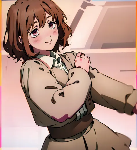 Short brown hair, messy hair, brown hair, cute outfit, brown cardigan, long sleeves, button up white undershirt, grayish pink skirt, smile, cute, non-binary, kawaii, light pink eyes, eyelashes, blush, smile, one person