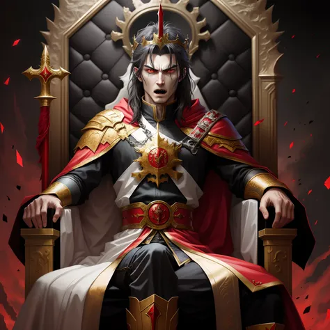 Male character vampire king with armor and sword sitting on an anime style throne, open mouth