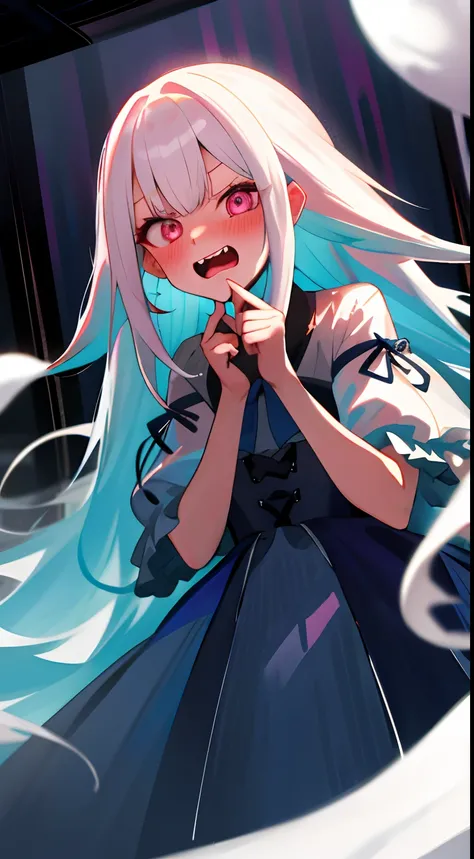 One girl with long hair, white hair, looking at viewer, center, embarrassed, blushing, indoor, night , ghost, ghost dress, vampire teeth, big fangs, open mouth, ghost around , dark atmosphere