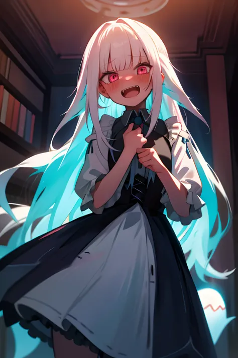 One girl with long hair, white hair, looking at viewer, cowboy shot, center, embarrassed, blushing, indoor, night , ghost, ghost dress, vampire teeth, big fangs, open mouth, 3 ghost around, dark atmosphere