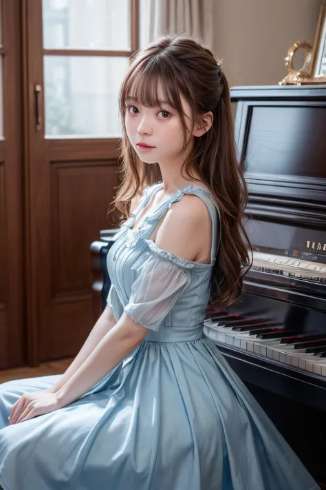 ((Top image quality、8K、​masterpiece：1.3))、Realistic high-quality photos、top-quality、a five years girl、Blue Dress、tense look、Piano Recital