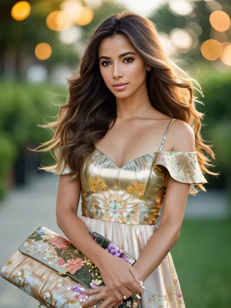 photo of a stunning beautiful Brazilian woman supermodel, honey eyes, long messy windy light brown hair, flipping hair, closeup zoomed in tight crop portrait, walking down a (runaway at a fashion show scene people:1.2) wearing a (fluttering floral high cou...