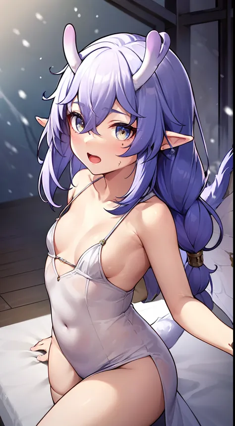 Monster girl with a long, Straight Purple Hair, Glowing Red Eyes, and snow-white skin. She has pointed ears, curved horns, wings, Similar to bat wings, and a fluffy tail. She wears a simple, Delicate white dress, which contrasts with her exotic features. S...