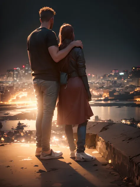 Change background realistic pic look like a couple standing on top of the city at night