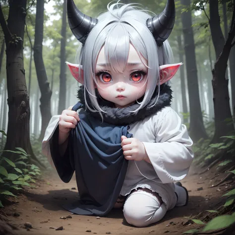 Chibi, baby monster, grey hair, blue skin, red eye, cute, Adorable, wearing white fabric, solo, forest, in forest, Hairy, genderless, black horn, long ears