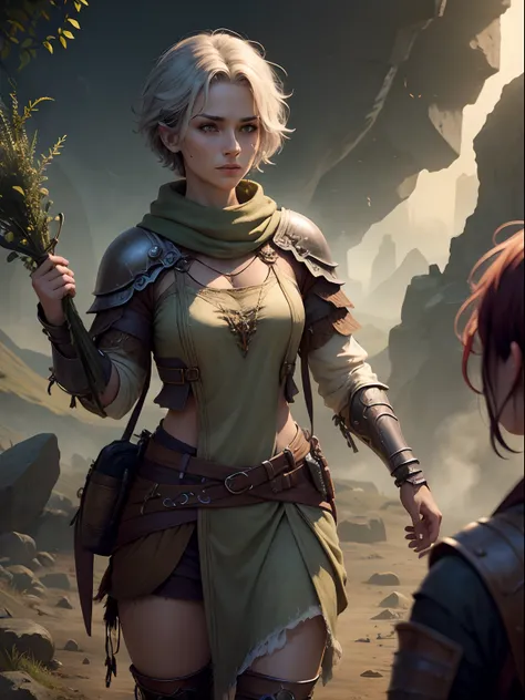 High resolution Female druid, herbalist, wearing armor, apocalypse, short hair